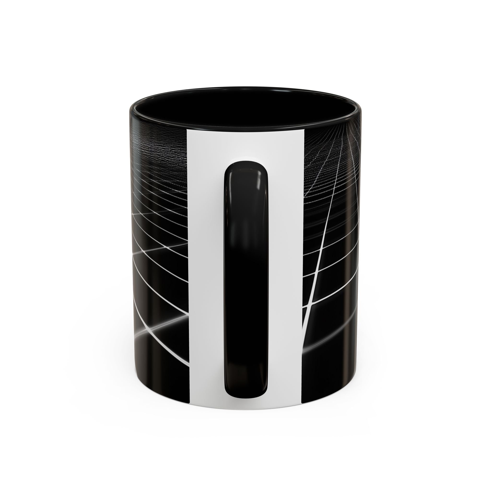 Black Geometric Grid Coffee Mug (11/15oz) — Retro Futuristic Neon Wireframe Accent Mug