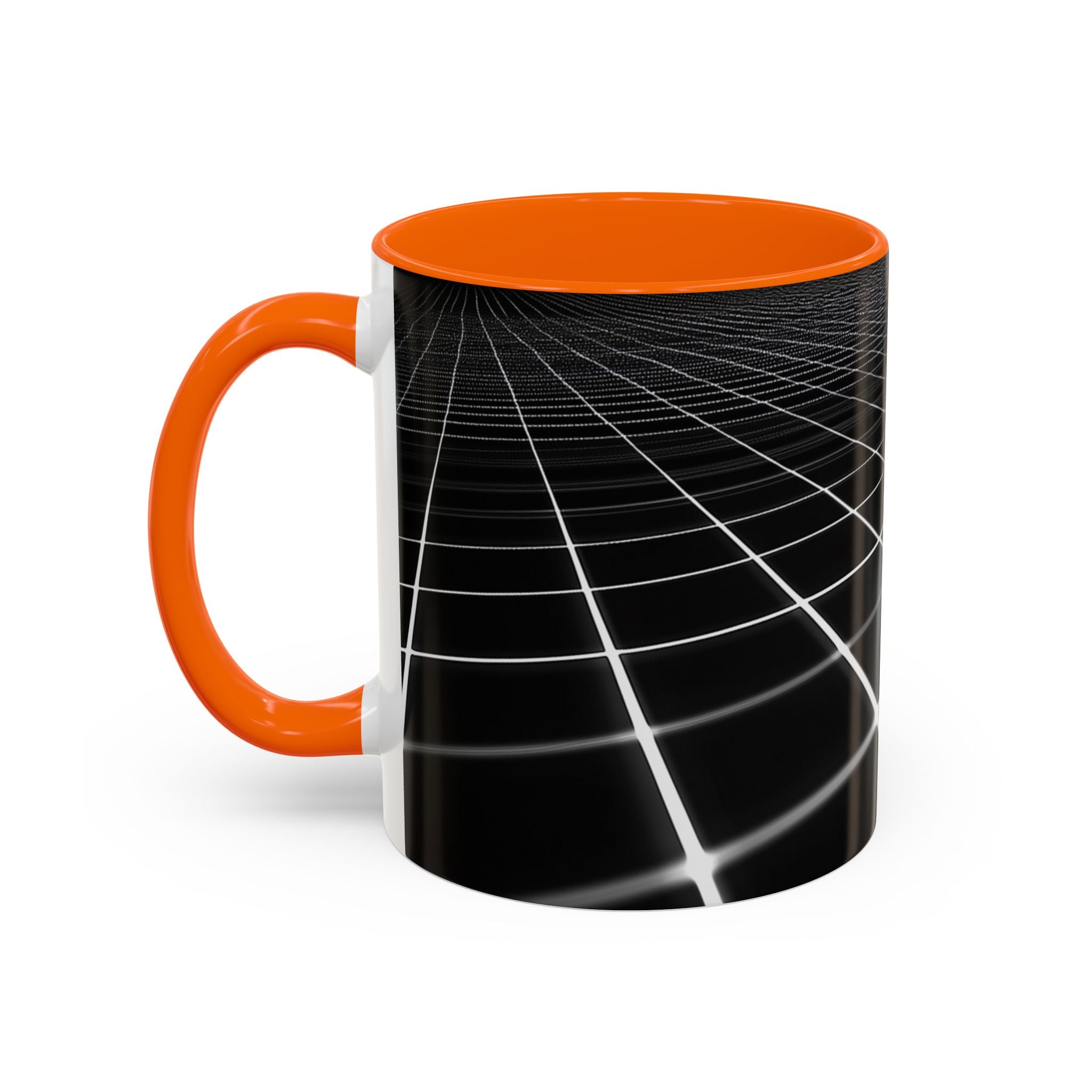 Black Geometric Grid Coffee Mug (11/15oz) — Retro Futuristic Neon Wireframe Accent Mug