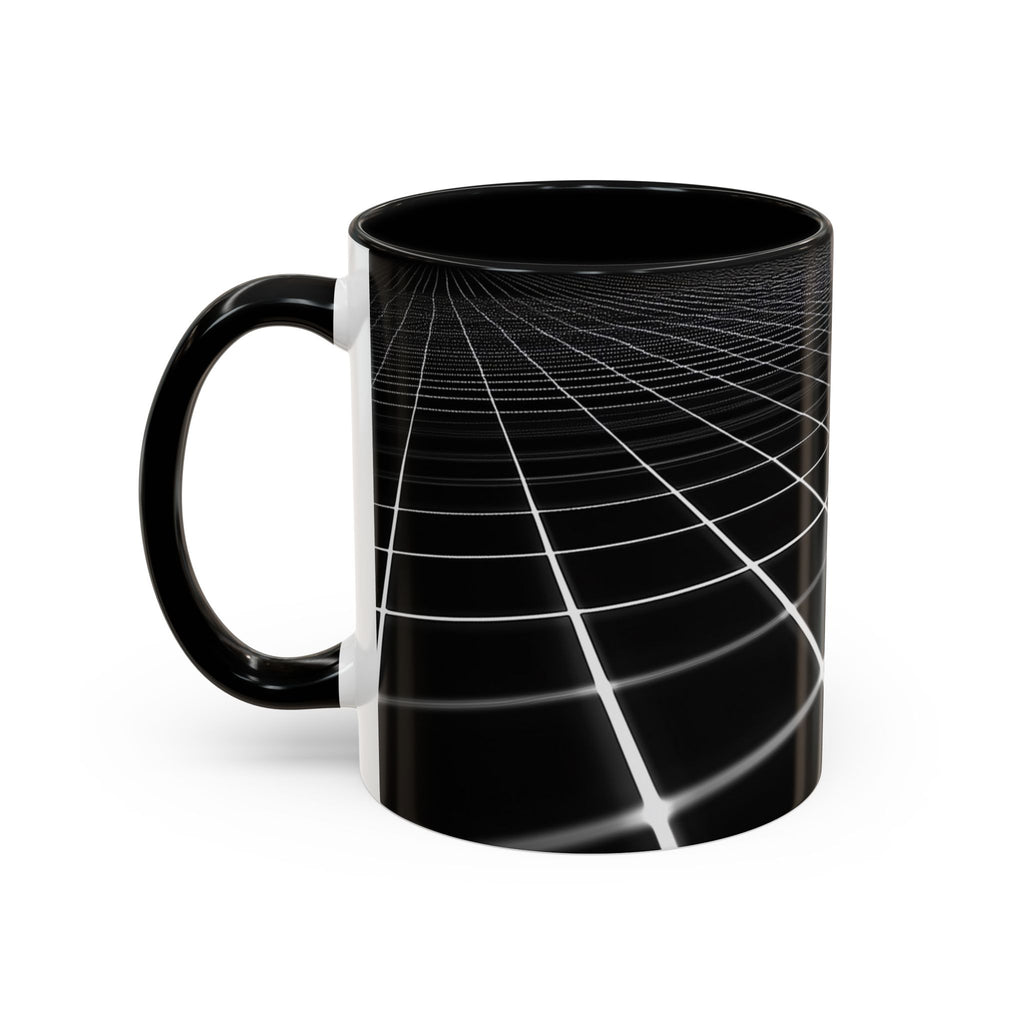 Black Geometric Grid Coffee Mug (11/15oz) — Retro Futuristic Neon Wireframe Accent Mug
