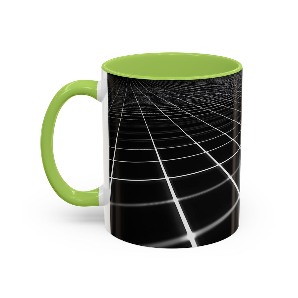 Black Geometric Grid Coffee Mug (11/15oz) — Retro Futuristic Neon Wireframe Accent Mug