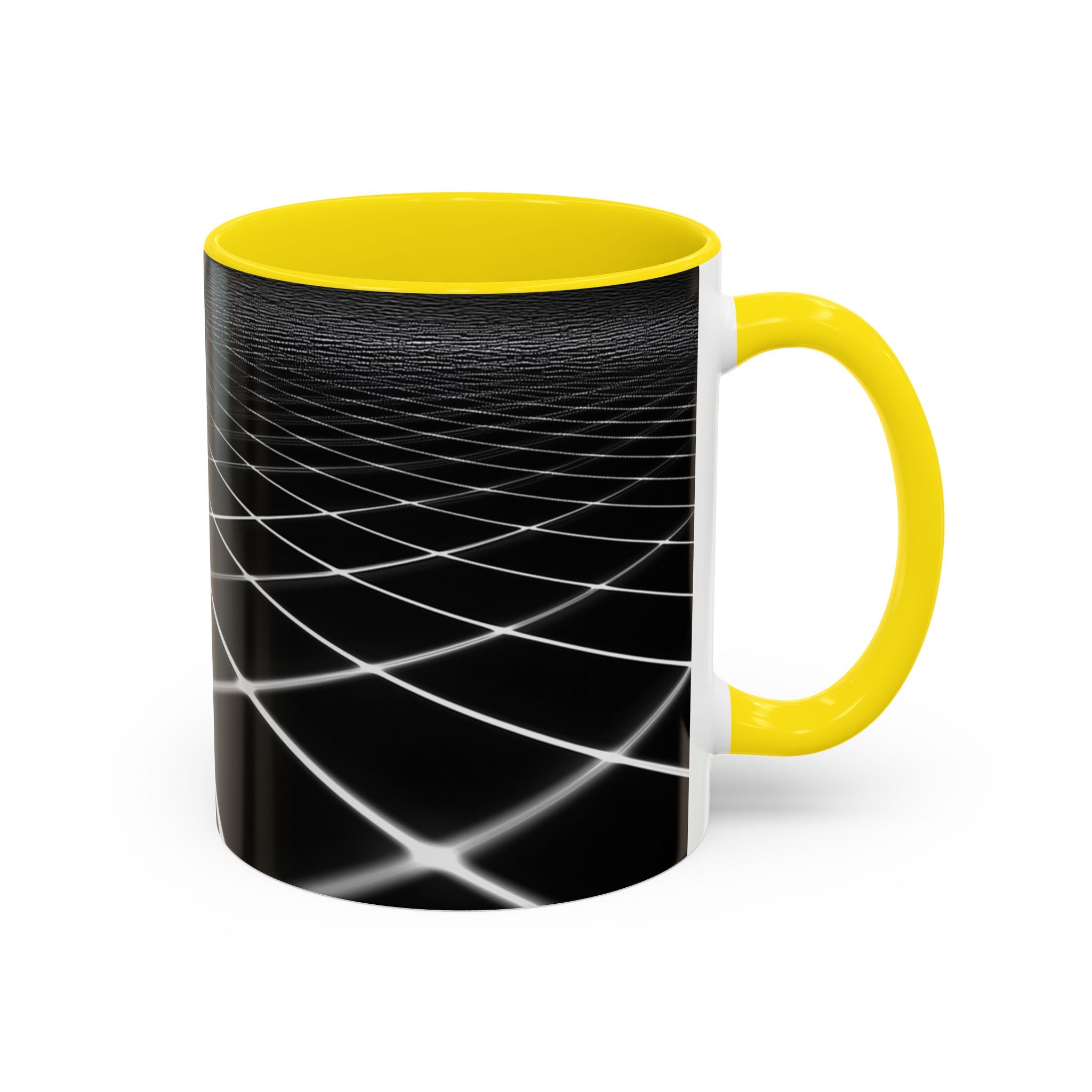 Black Geometric Grid Coffee Mug (11/15oz) — Retro Futuristic Neon Wireframe Accent Mug