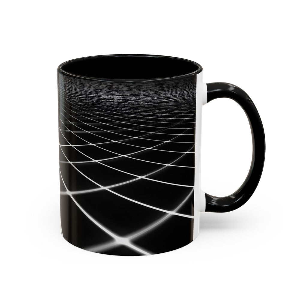 Black Geometric Grid Coffee Mug (11/15oz) — Retro Futuristic Neon Wireframe Accent Mug