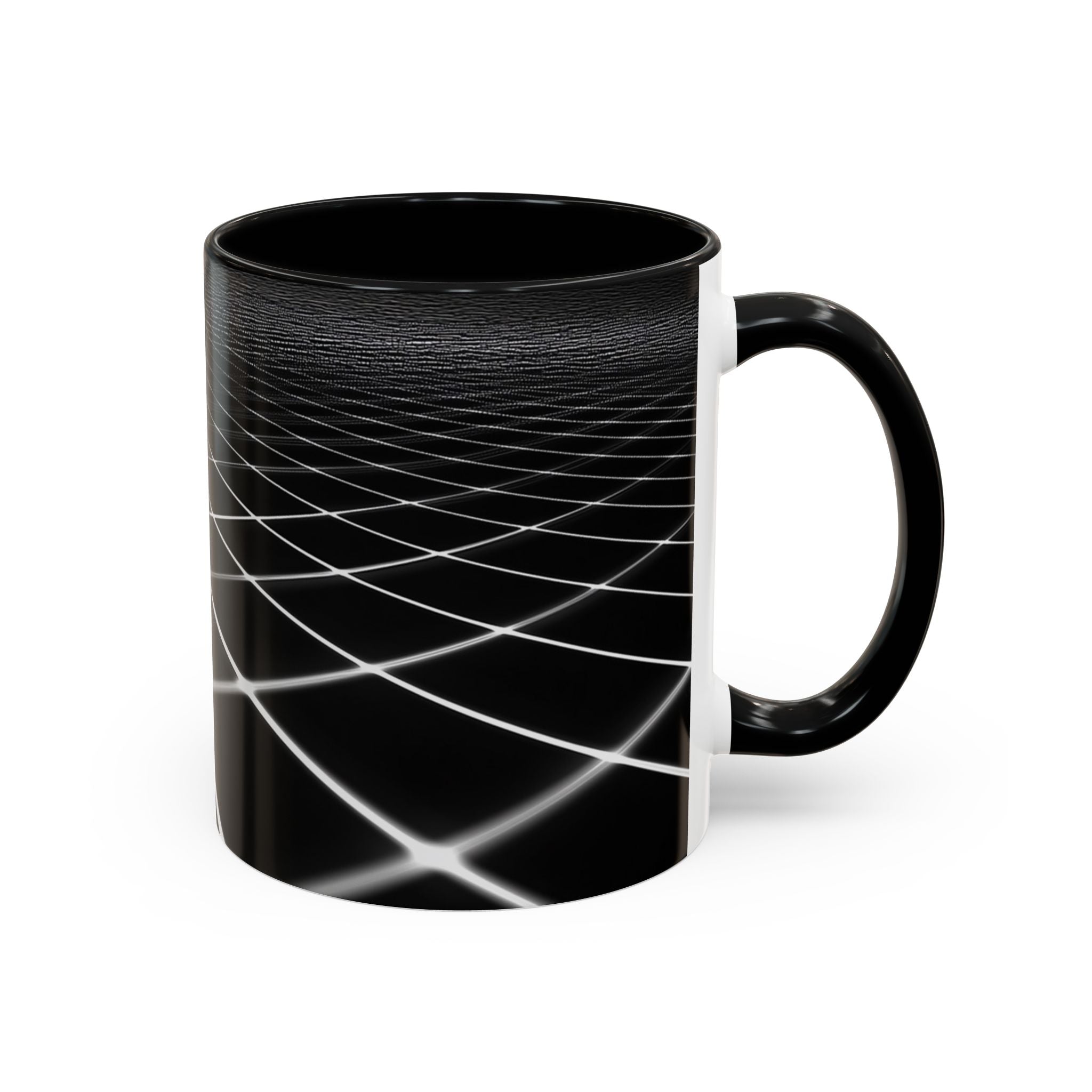 Black Geometric Grid Coffee Mug (11/15oz) — Retro Futuristic Neon Wireframe Accent Mug