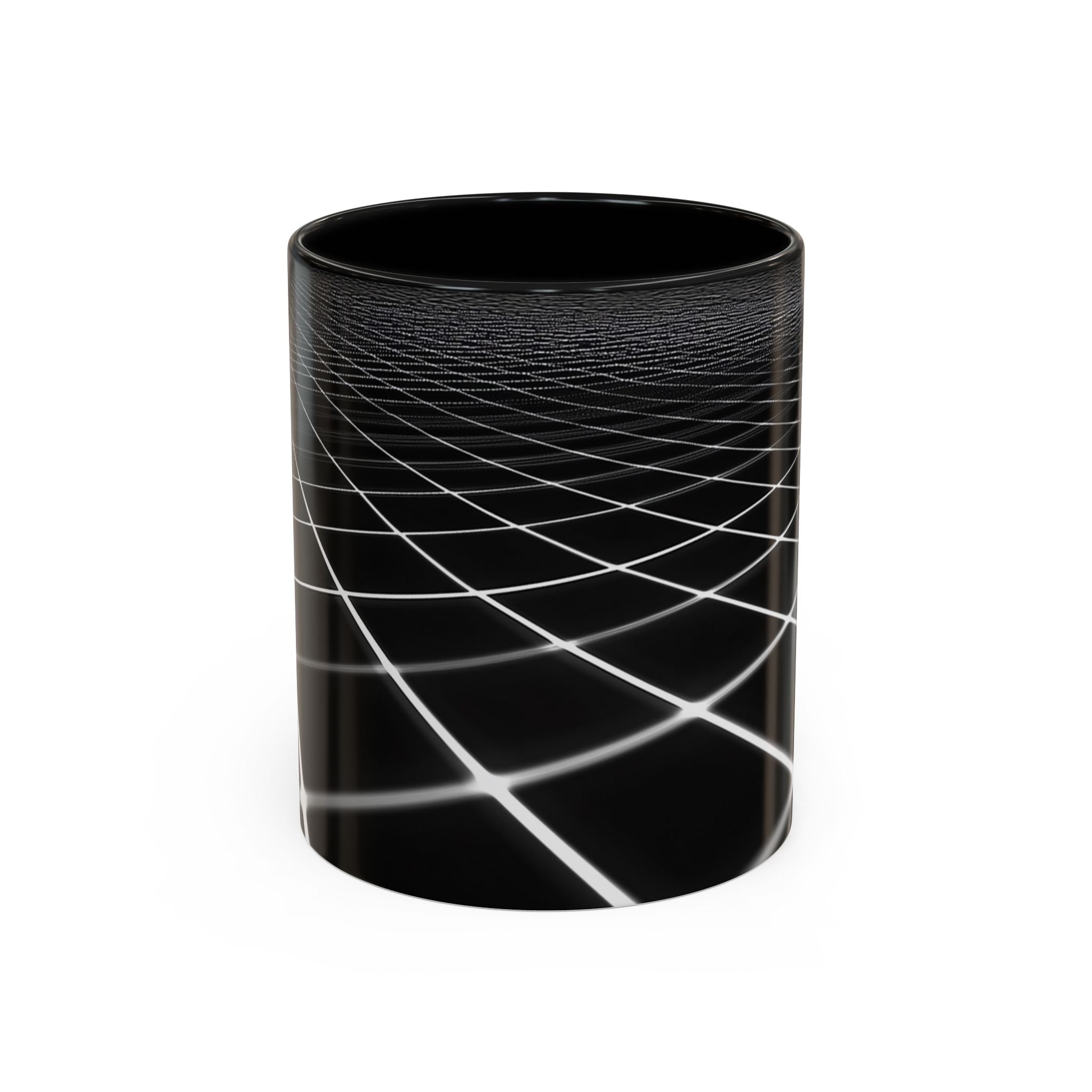 Black Geometric Grid Coffee Mug (11/15oz) — Retro Futuristic Neon Wireframe Accent Mug