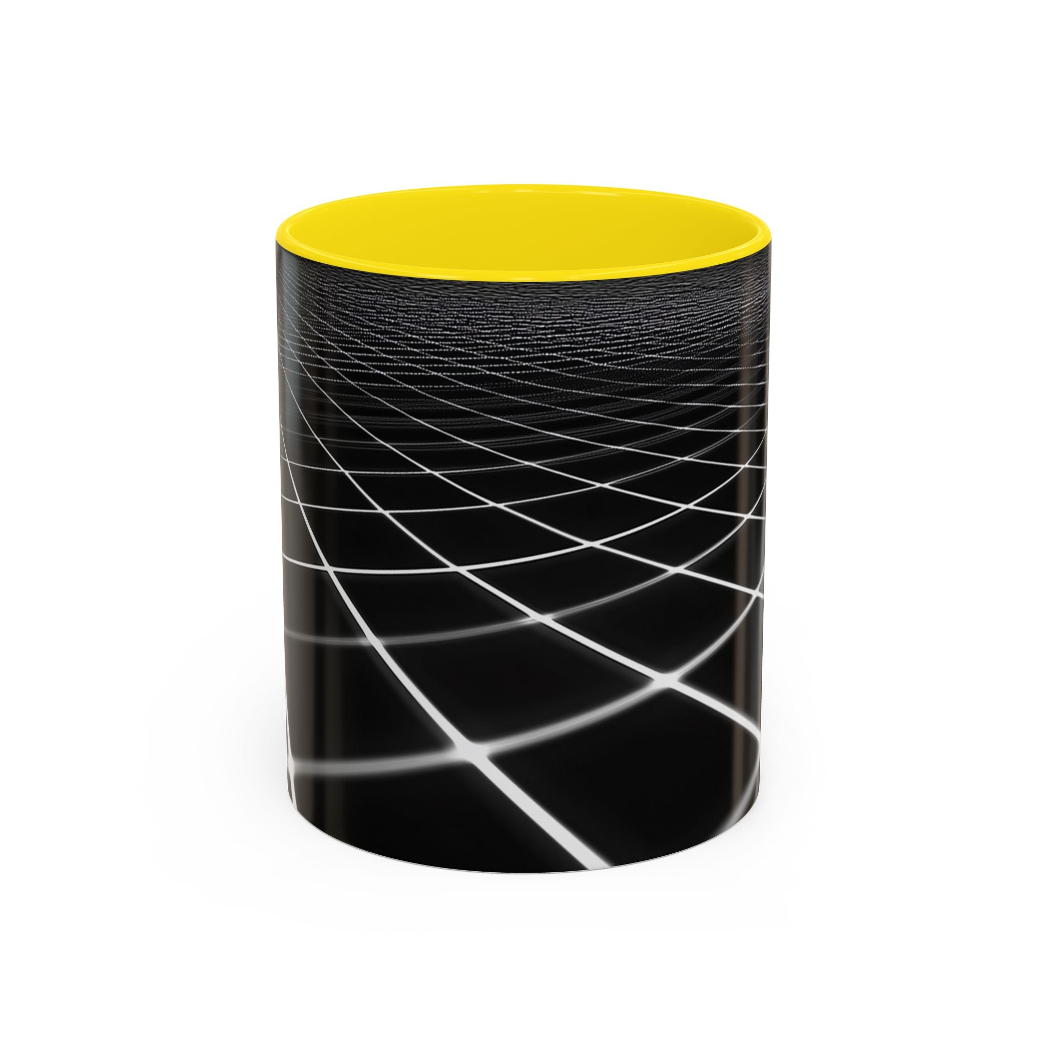 Black Geometric Grid Coffee Mug (11/15oz) — Retro Futuristic Neon Wireframe Accent Mug