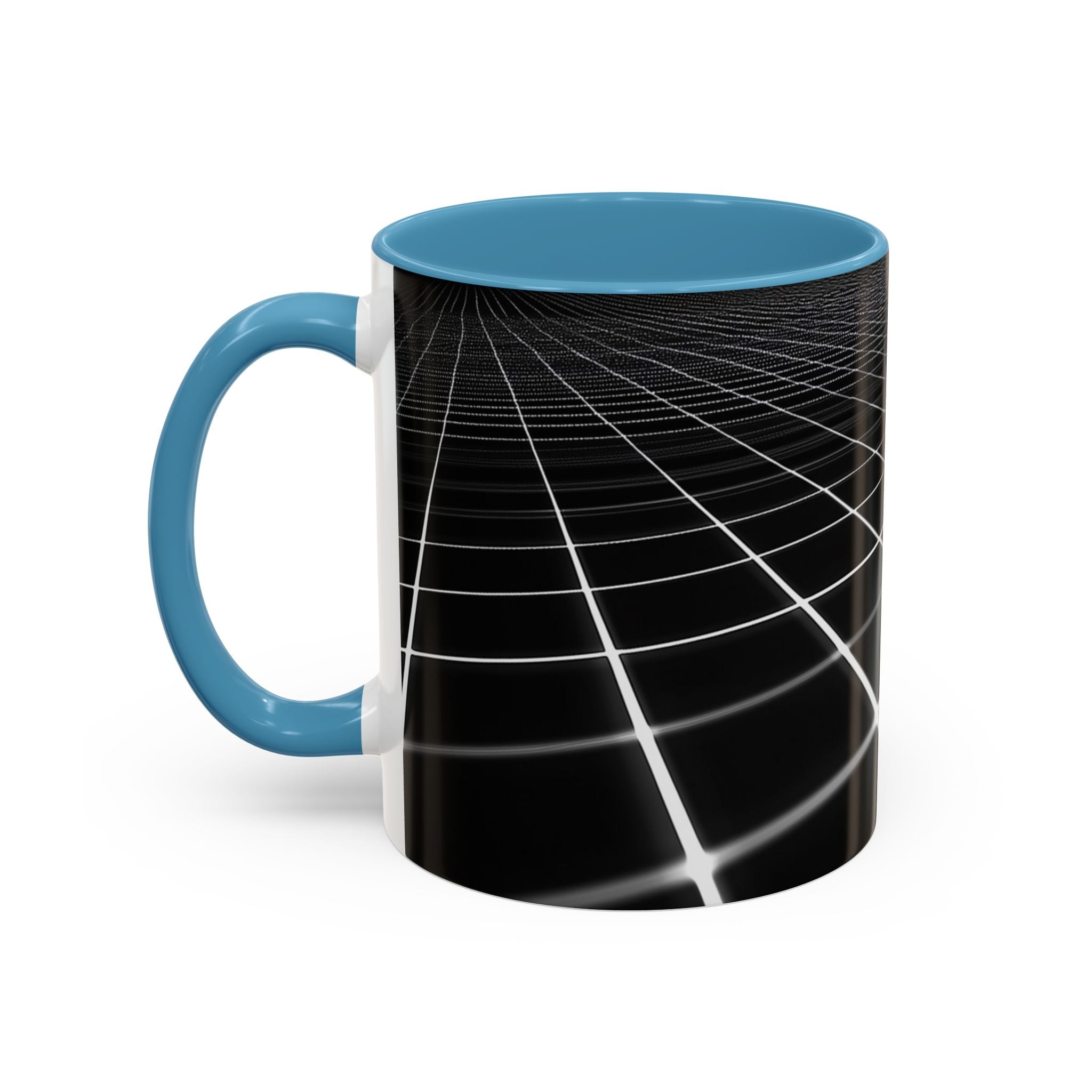 Black Geometric Grid Coffee Mug (11/15oz) — Retro Futuristic Neon Wireframe Accent Mug