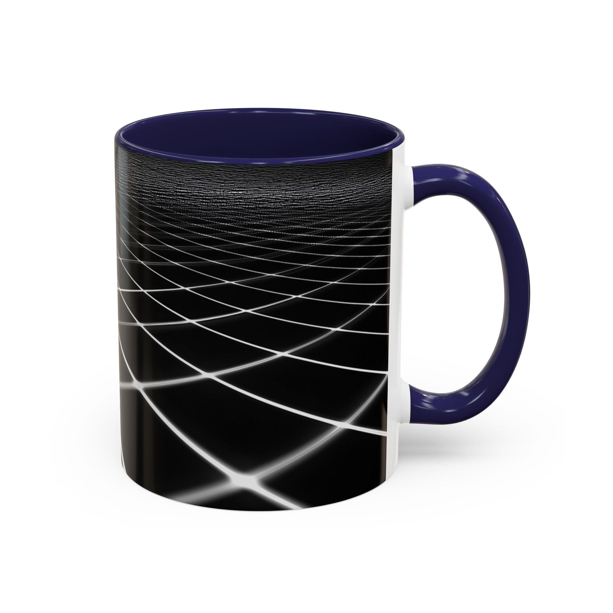 Black Geometric Grid Coffee Mug (11/15oz) — Retro Futuristic Neon Wireframe Accent Mug